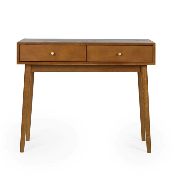 Wooden console table with two drawers on a white background