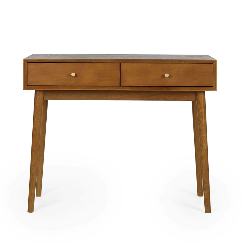 Wooden console table with two drawers on a white background
