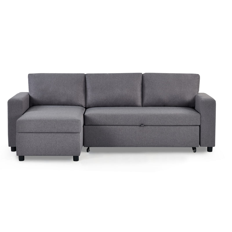 Gray sectional sofa with storage on a white background