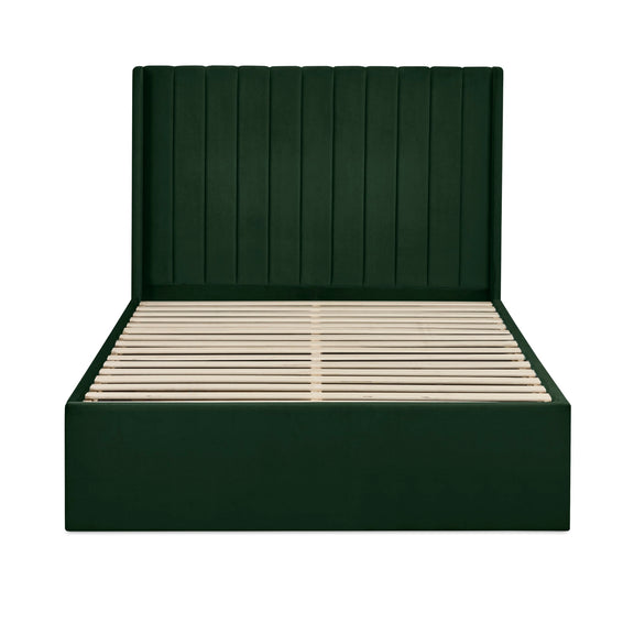 Dark green upholstered bed frame with wooden slats on a white background