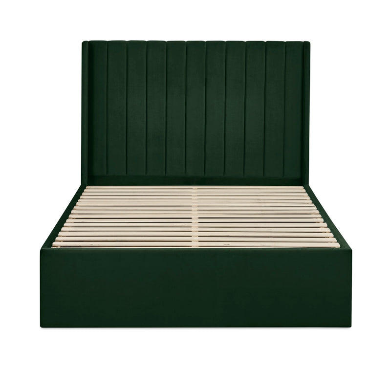 Dark green upholstered bed frame with wooden slats on a white background