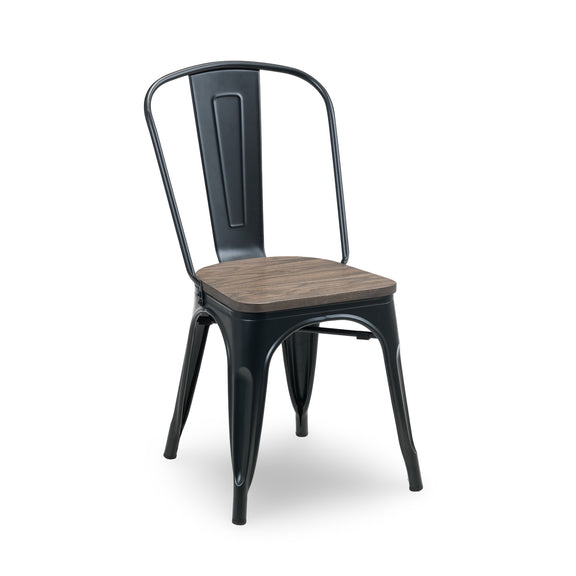 Black metal chair with wooden seat on a white background