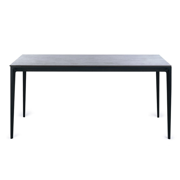 Rectangular table with a dark frame and light gray top on a white background