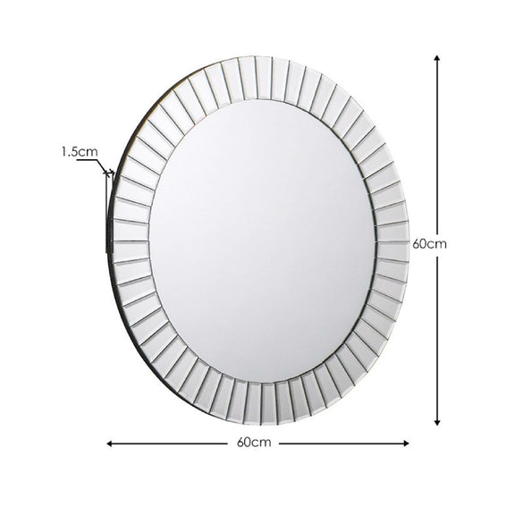 Round mirror with decorative frame and dimensions on a white background