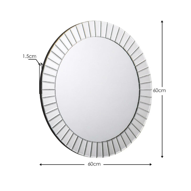 Round mirror with decorative frame and dimensions on a white background