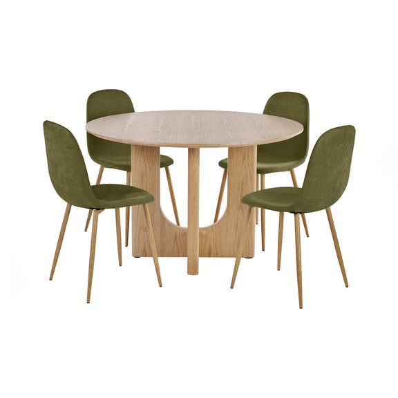 Round wooden table with four green chairs on a white background