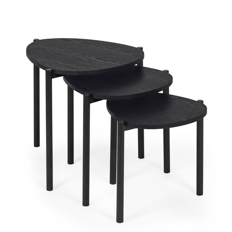 Set of three black nesting tables on a white background