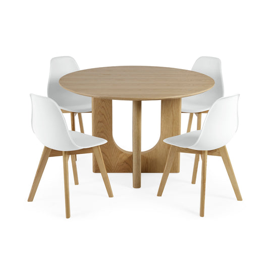 Round wooden table with four white chairs on a white background