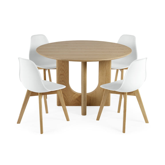 Round wooden table with four white chairs on a white background