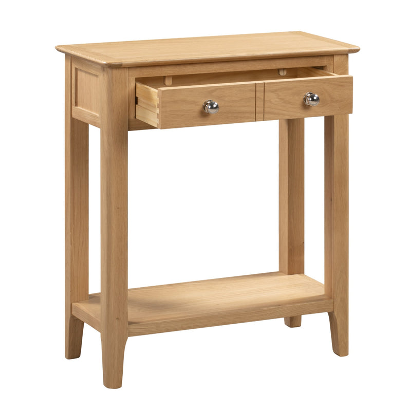 Wooden console table with two drawers on a white background