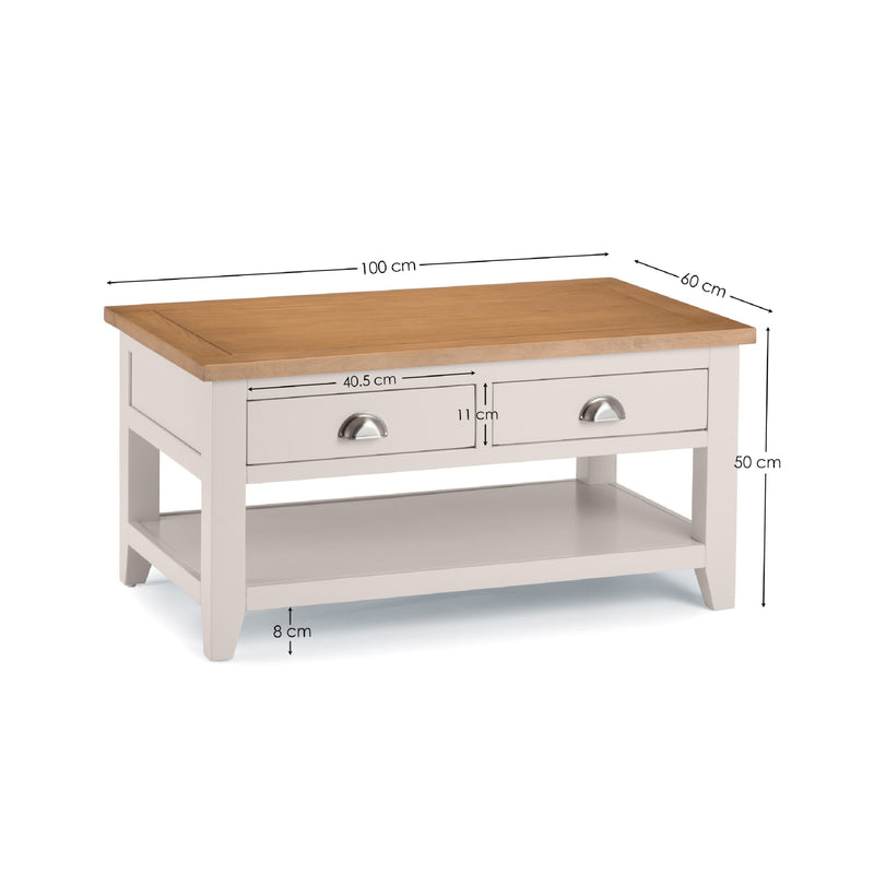Coffee table with dimensions labeled on a white background