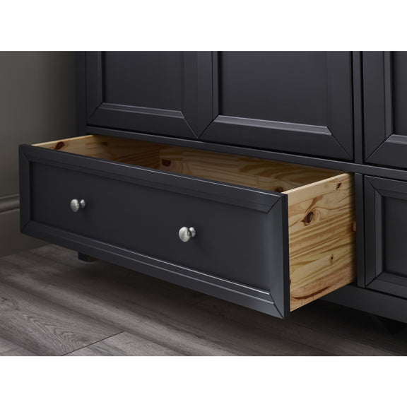 Black cabinet with an open drawer revealing wooden interior