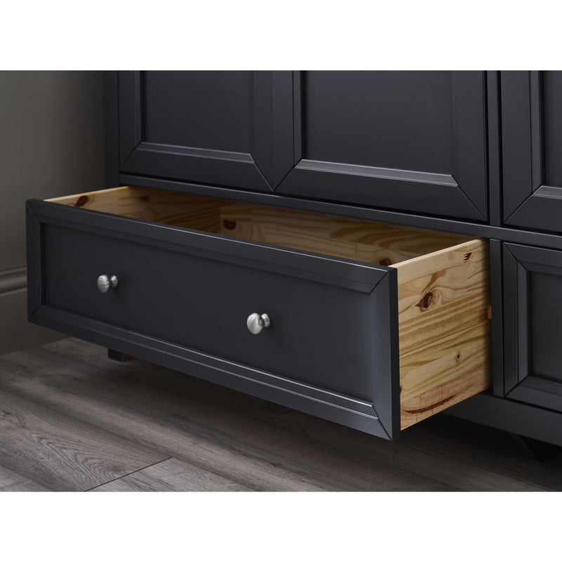 Black cabinet with an open drawer revealing wooden interior