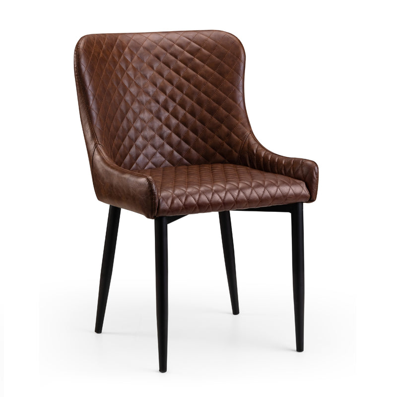 Brown quilted chair with black legs on a white background