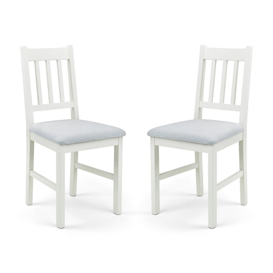 Two white chairs with light gray seats on a white background