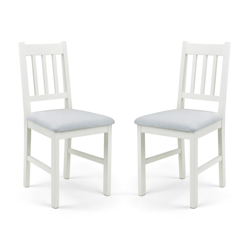 Two white chairs with light gray seats on a white background