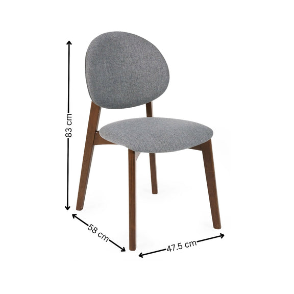 Gray upholstered chair with wooden legs and dimensions labeled on a white background
