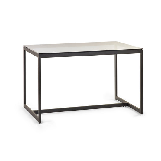 Rectangular table with a white top and black metal frame on a white background