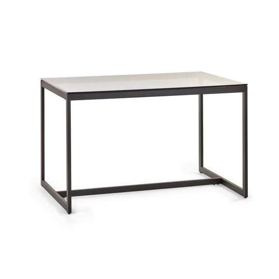 Rectangular table with a white top and black metal frame on a white background