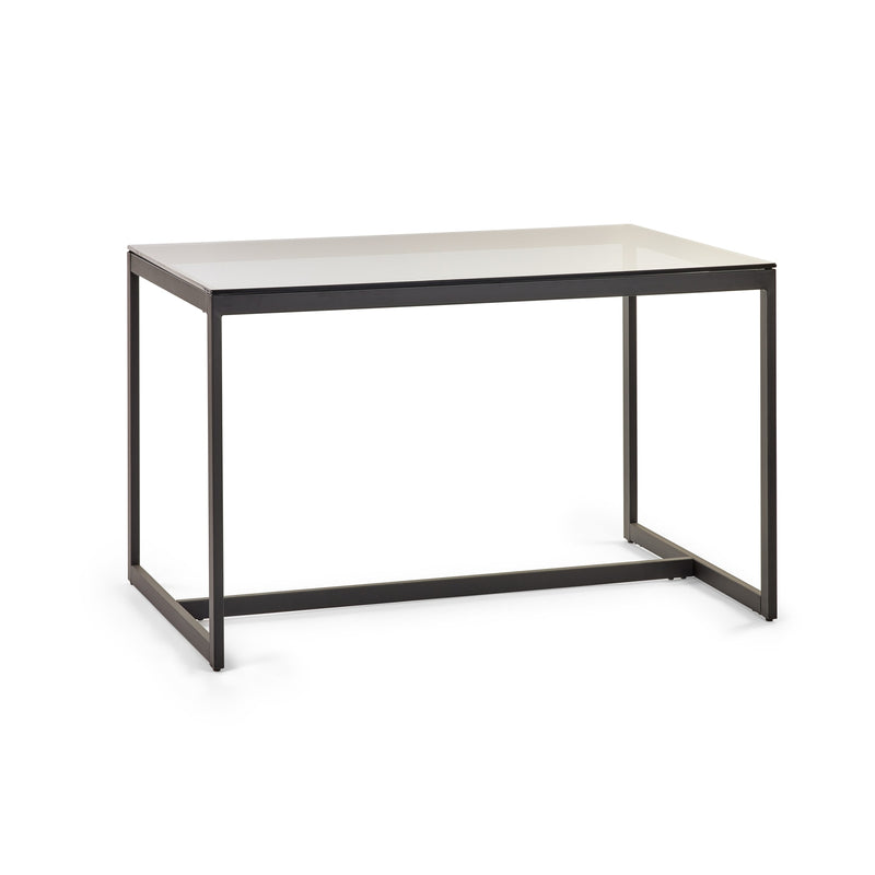 Rectangular table with a white top and black metal frame on a white background