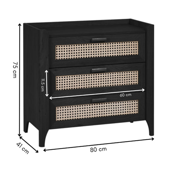 Dimensions of black wooden 3 drawer chest with woven rattan drawer fronts