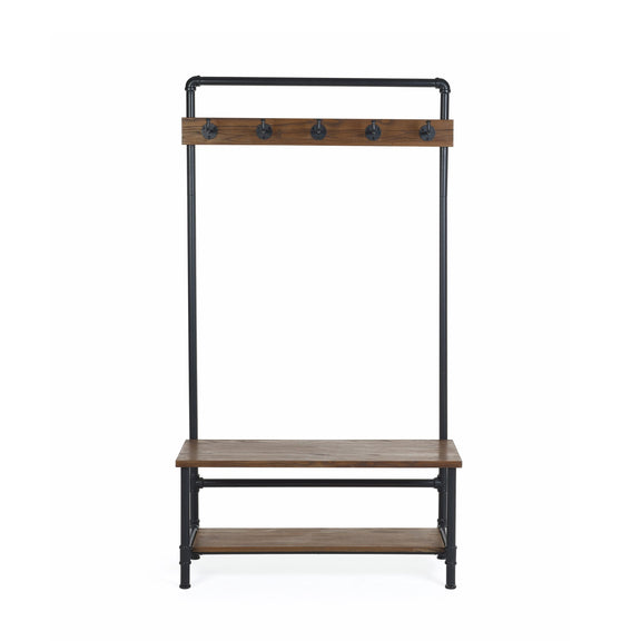 Wooden shelf with metal stand and hooks on a white background