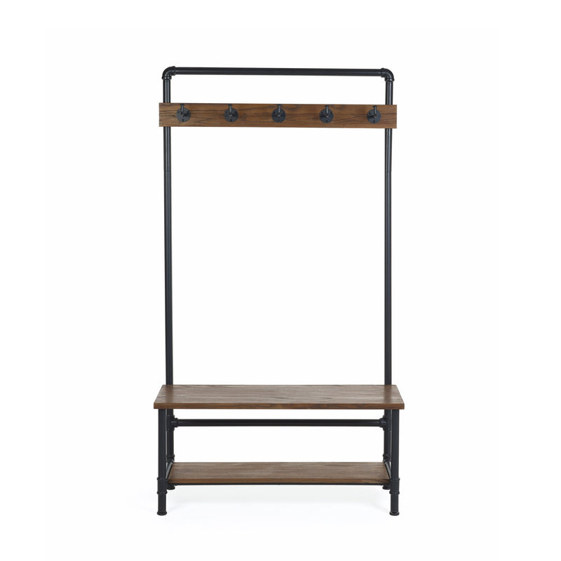 Wooden shelf with metal stand and hooks on a white background