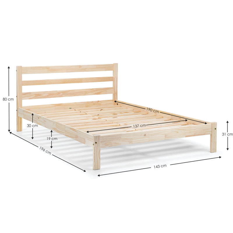 Wooden bed frame with dimensions on a white background