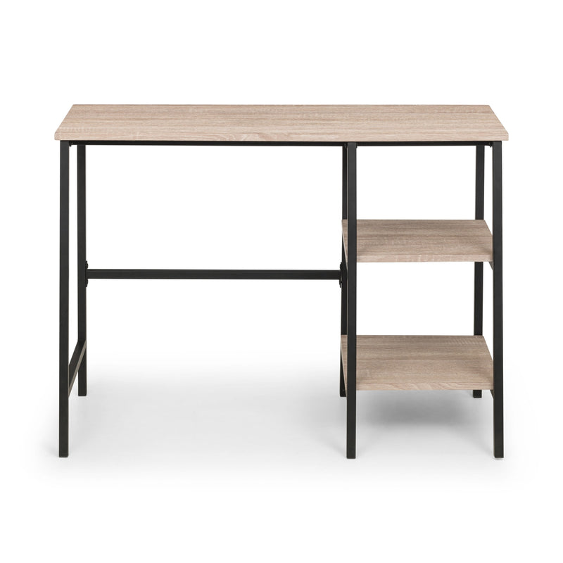 Wooden desk with black metal frame on a white background