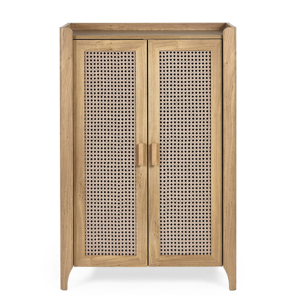 Wooden cabinet with rattan doors on a white background