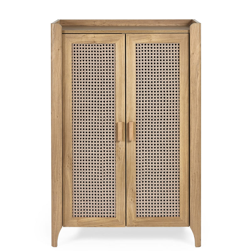 Wooden cabinet with rattan doors on a white background