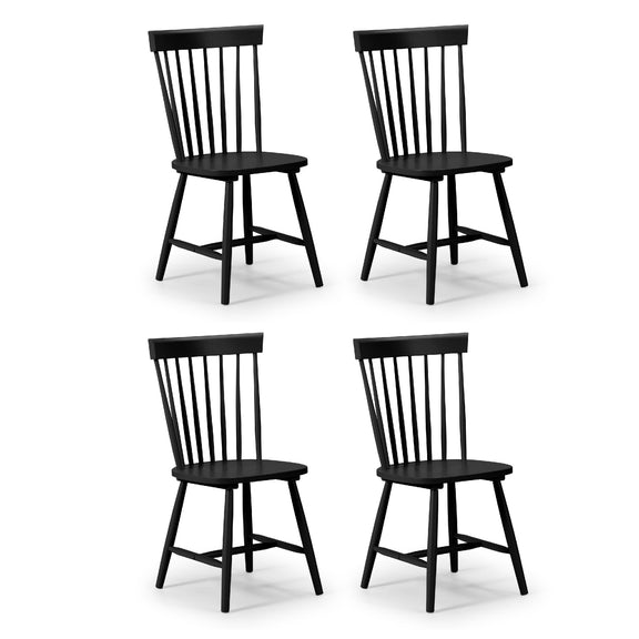 Four black bar stools with slatted backrests on a white background
