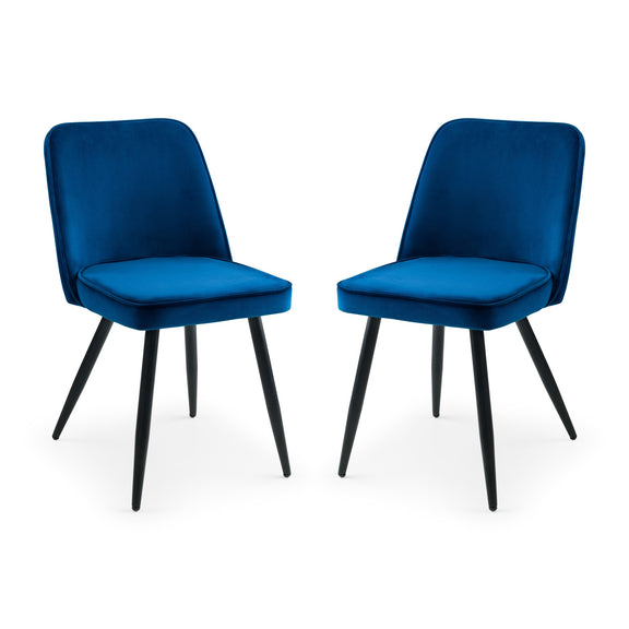Two blue chairs with black legs on a white background