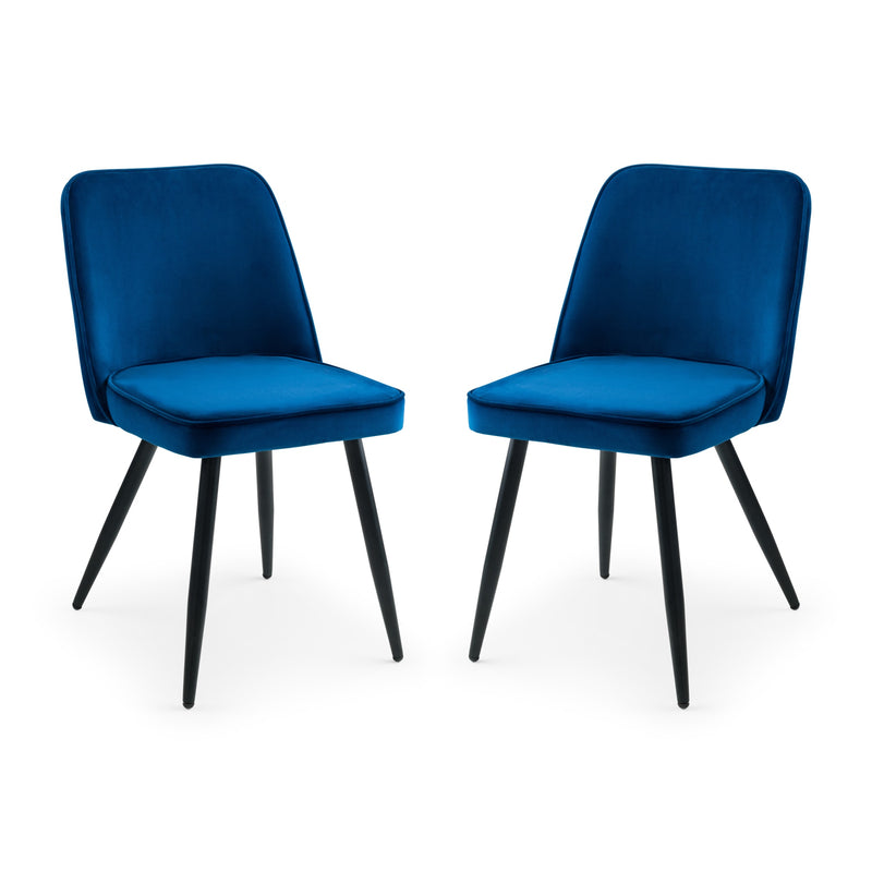 Two blue chairs with black legs on a white background