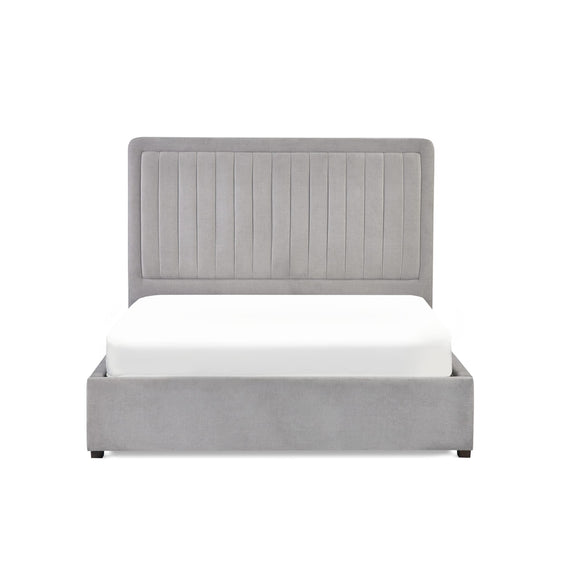 Gray upholstered bed with white mattress on a white background