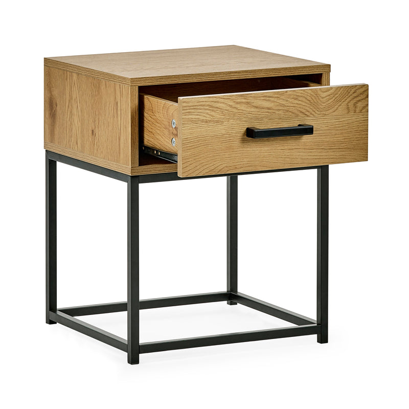Wooden side table with a drawer and metal frame on a white background