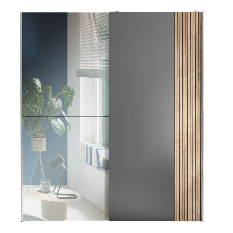 Modern interior design with a sliding door, plant, and books.