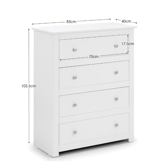 White dresser with dimensions labeled on a white background