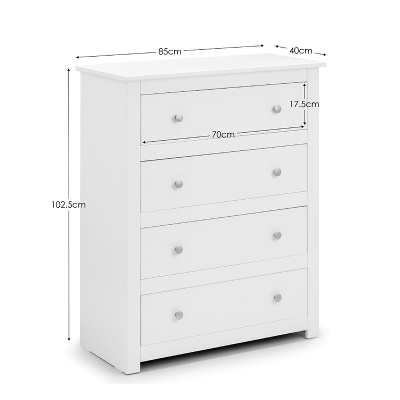 White dresser with dimensions labeled on a white background