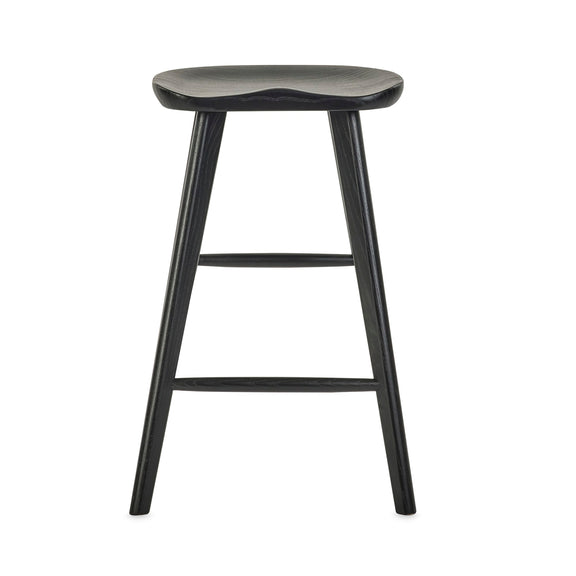 Black bar stool with a gray seat on a white background