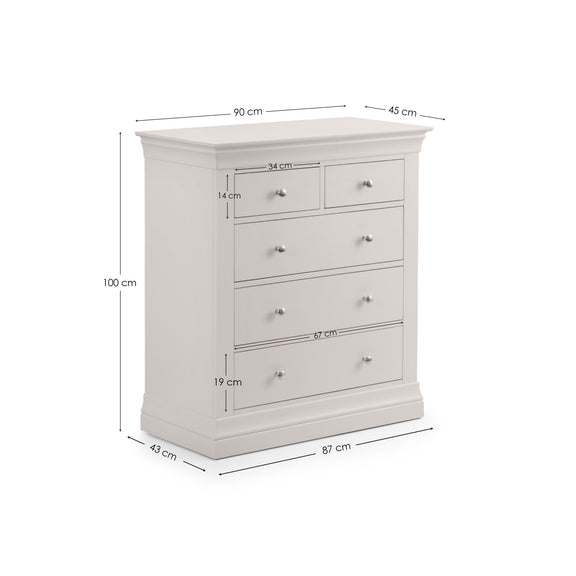 White dresser with dimensions labeled on a white background