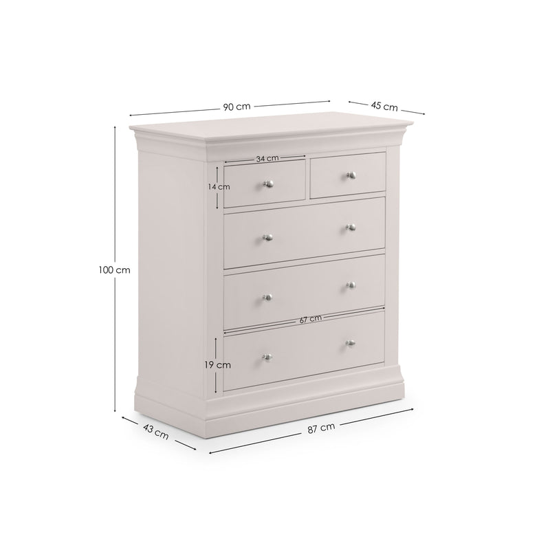 White dresser with dimensions labeled on a white background