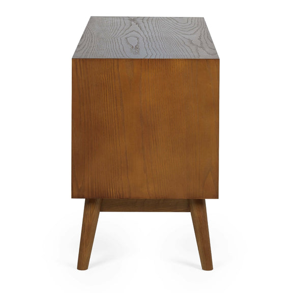 Wooden side table with a gray concrete top on a white background