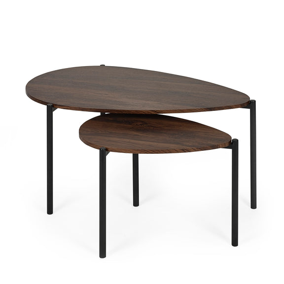 Set of two wooden tables with black metal legs on a white background
