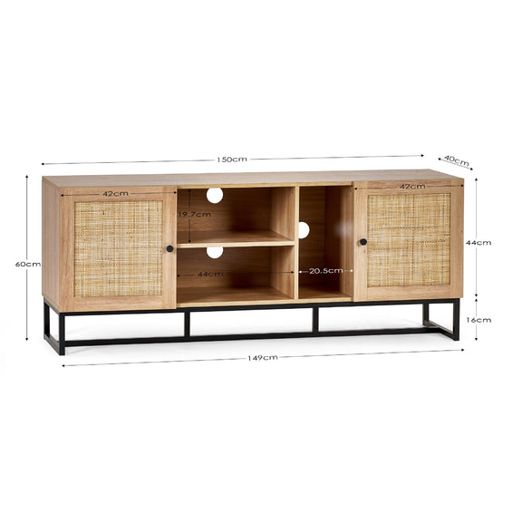 Wooden TV stand with dimensions on a white background