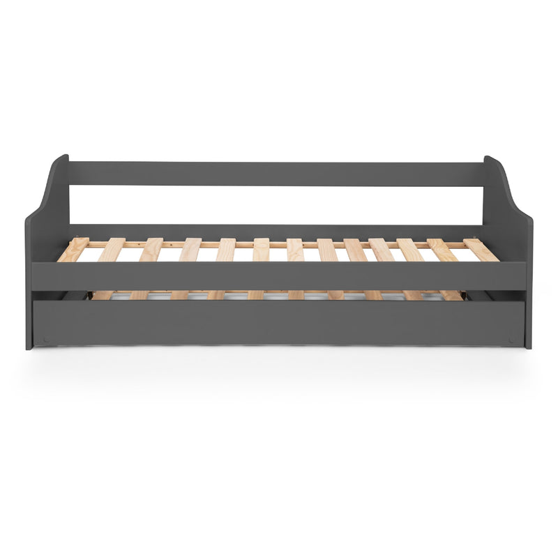 Gray bed frame with wooden slats on a white background
