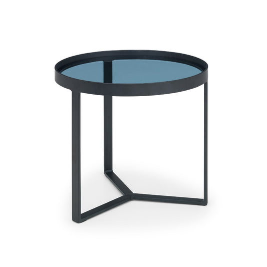 Small round table with black metal frame and blue glass top on a white background