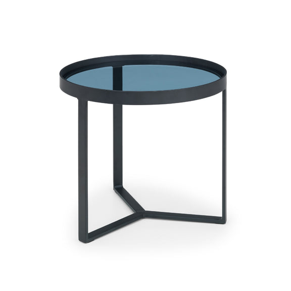 Small round table with black metal frame and blue glass top on a white background
