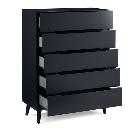 Black dresser with five drawers on a white background