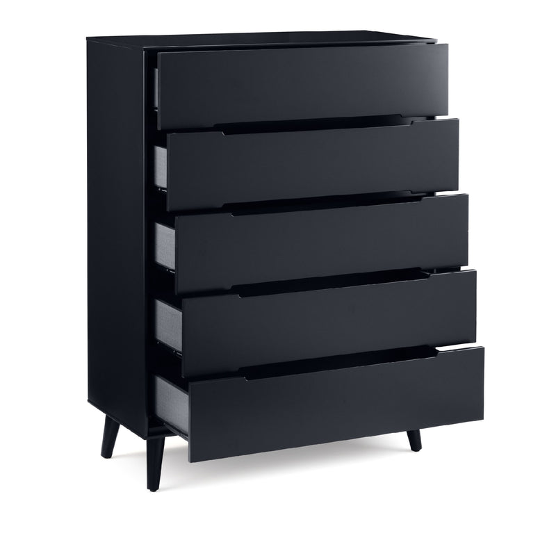 Black dresser with five drawers on a white background